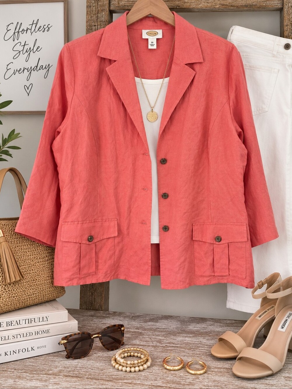 Talbots Size 20 Coral Linen Blend Utility Blazer Jacket 3/4 Sleeve